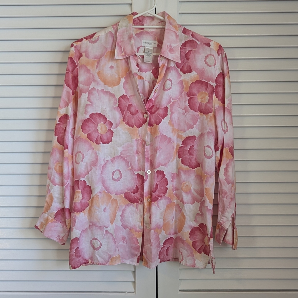 Blouse Liz Claiborne Floral Linen Flowers Pink Shades with Orange Blooms Medium